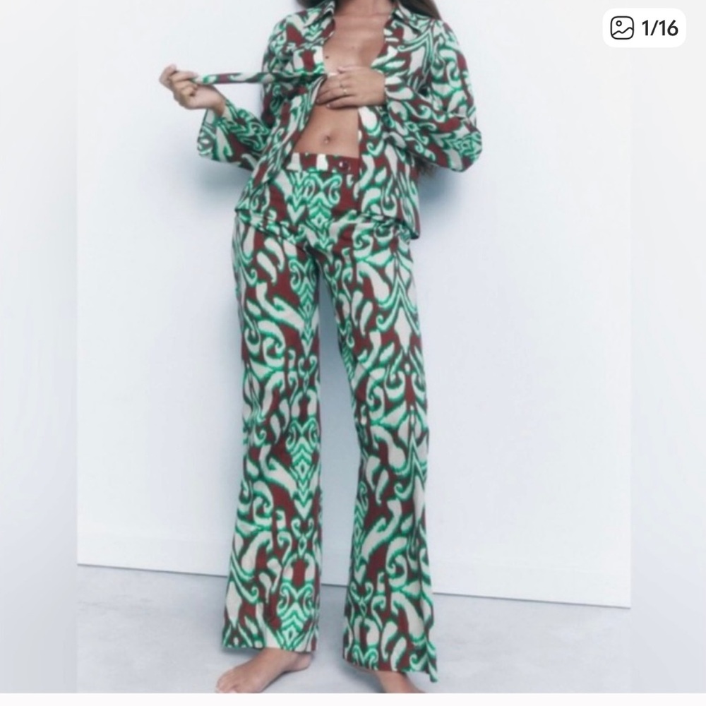 ZARA Cotton Printed Green Cream Brown Pants and Top Set Size XS/24 4479/243/700